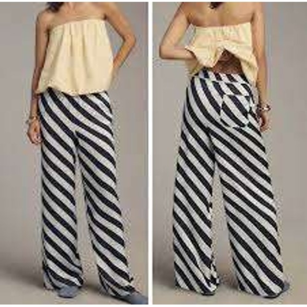 Anthropologie Maeve The Brooklin Blue Striped Wide-Leg Pull-On Pants Size Med